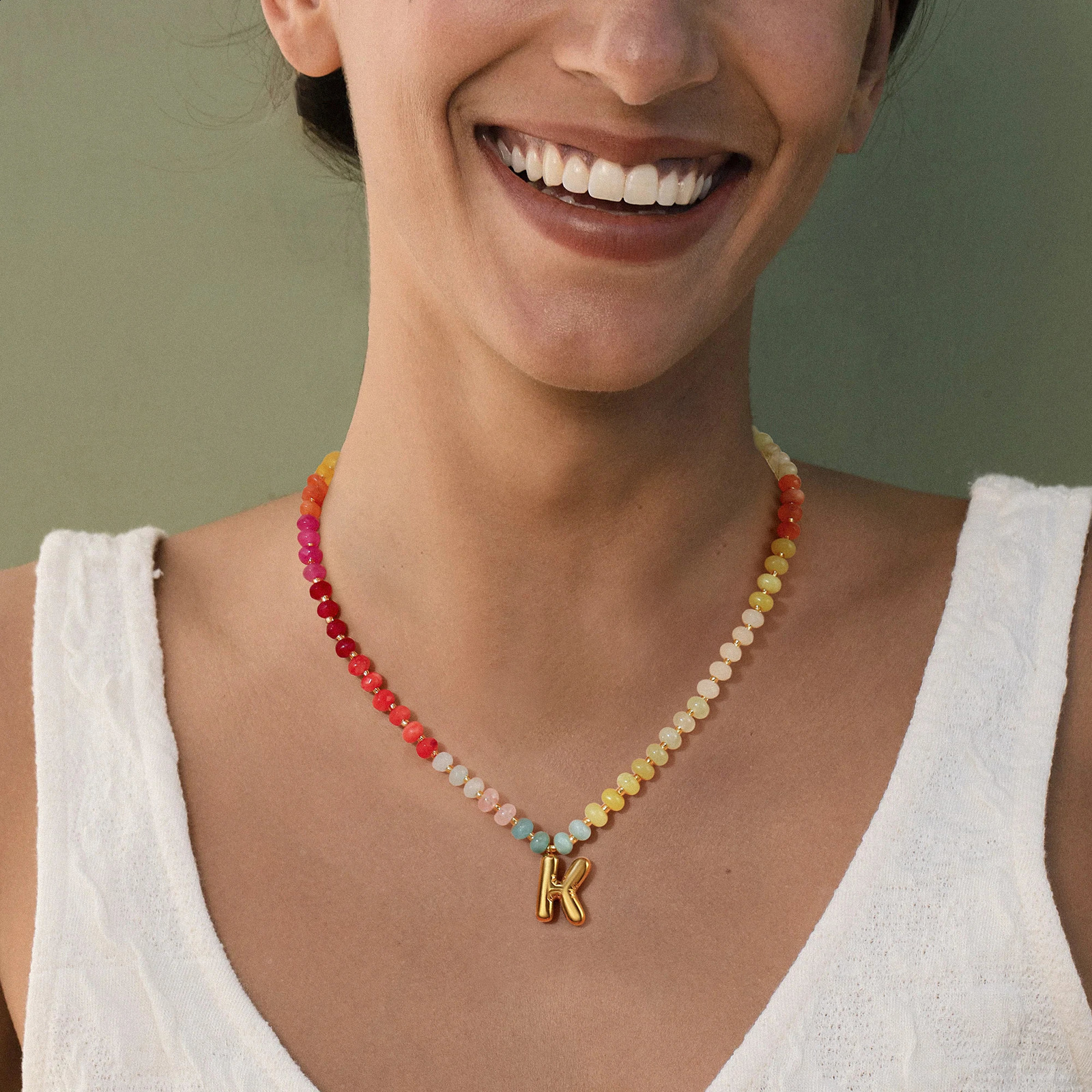 Badu Initial Necklace for Women Colorful Beaded Natural Stone Choker Gold Color Balloons Letter Pendant Necklace Summer Jewelry260413 - view 6
