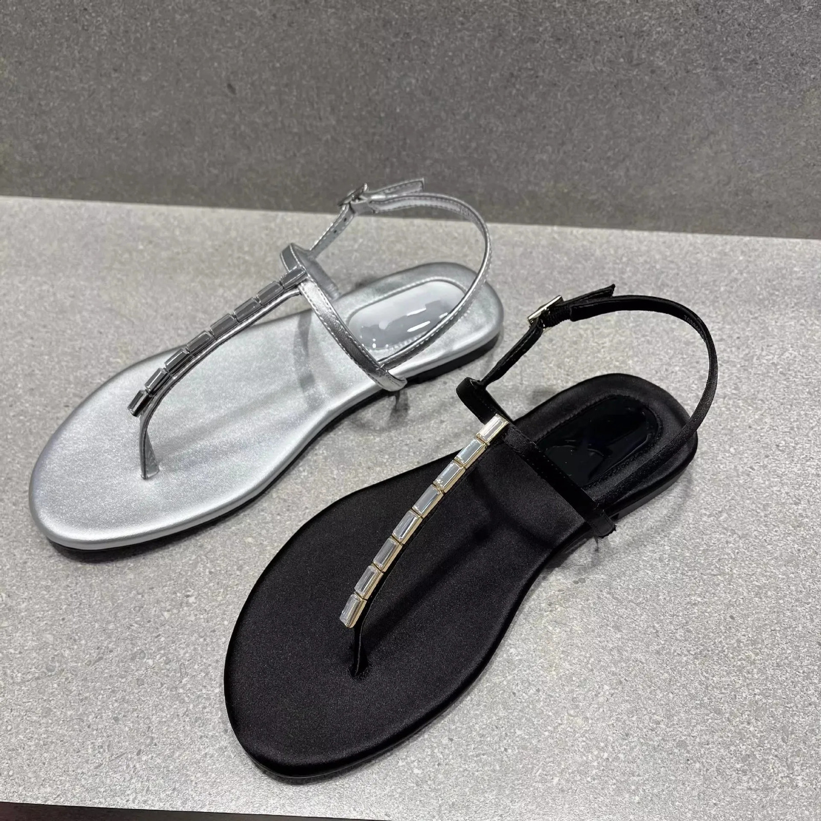 ner T-strap gladiator sandals women flat heel crystal narrow band sandalias mujer silver thong sandals big size 43 260415