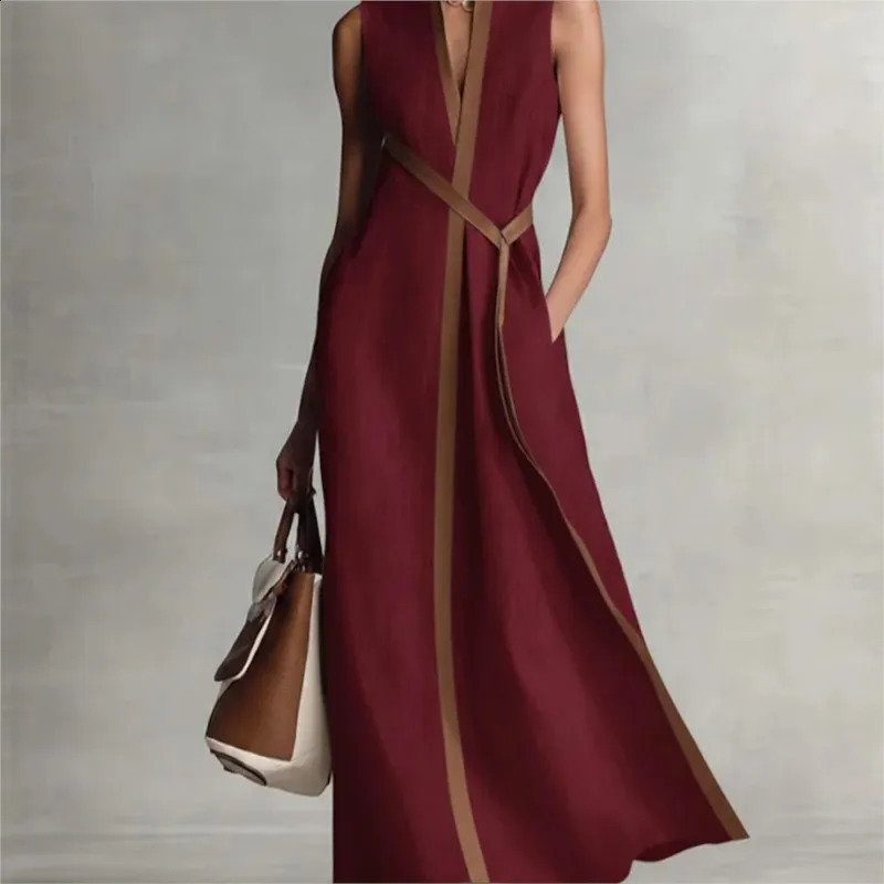 Contrast Color Sleeveless Dress Lace Up 2026 Simple Loose Fashionable Womens Stand Collar Cotton Linen Solid Color Long Dress 260415