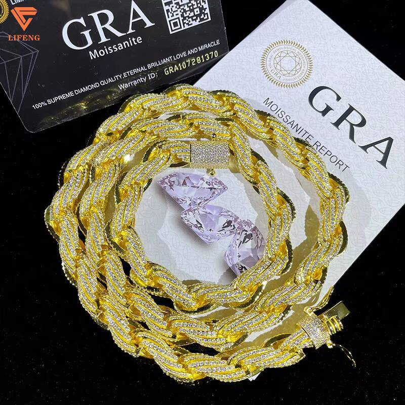Hot Sale 8mm Iced Out VVS Moissanite Rope Chain Necklace White Gold Ready to Ship 925 Silver Rope Chain Fine Diamond Necklace