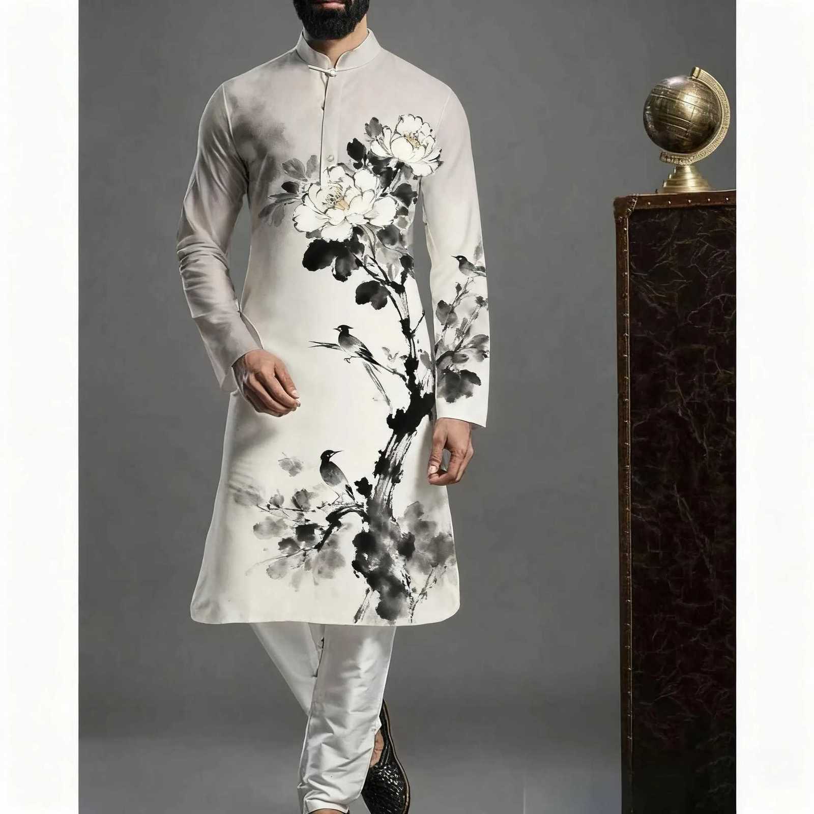 Mens Islamic Arabic Abaya Robe Ethnic Print Stand Collar Youth Mid-length Shirt Luxury Coat Casual Turkish Suit For Men W251216