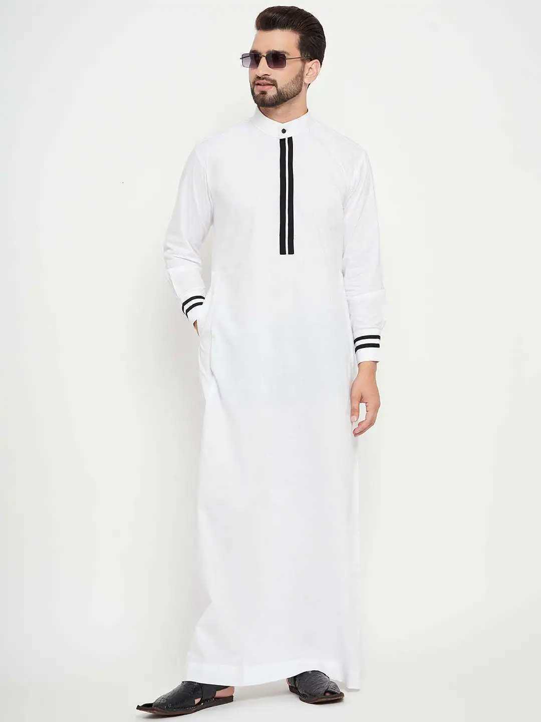 Mens Arab Shirt Long Robe with round Neck Pocket Striped Patchwork Collar Middle East Muslim Fashion Islamic Clothing W251216