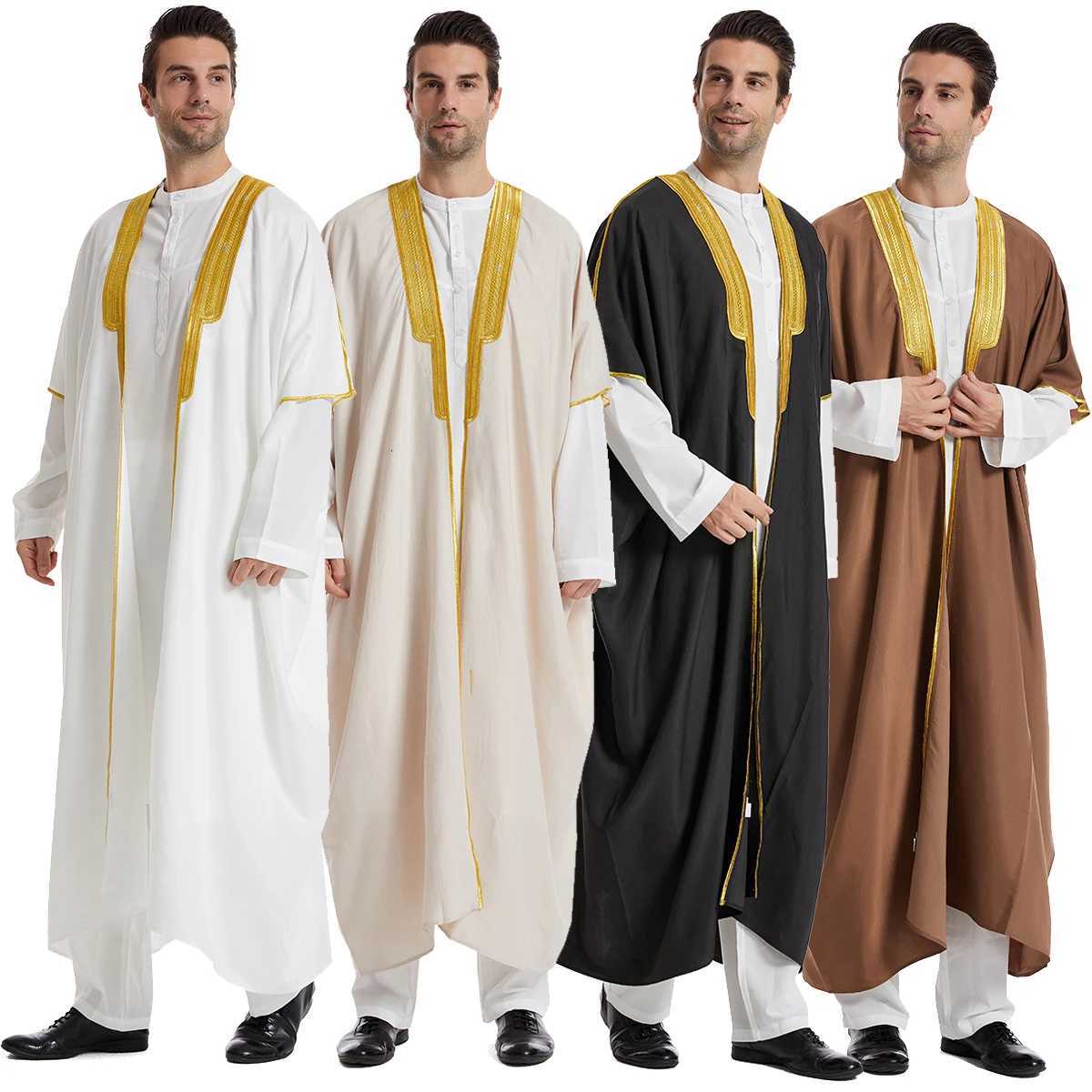TH829 Muslim Mens Short Sleeves Embroidery Ankle Length Cardigan Robe Islamic Kaftan W251216