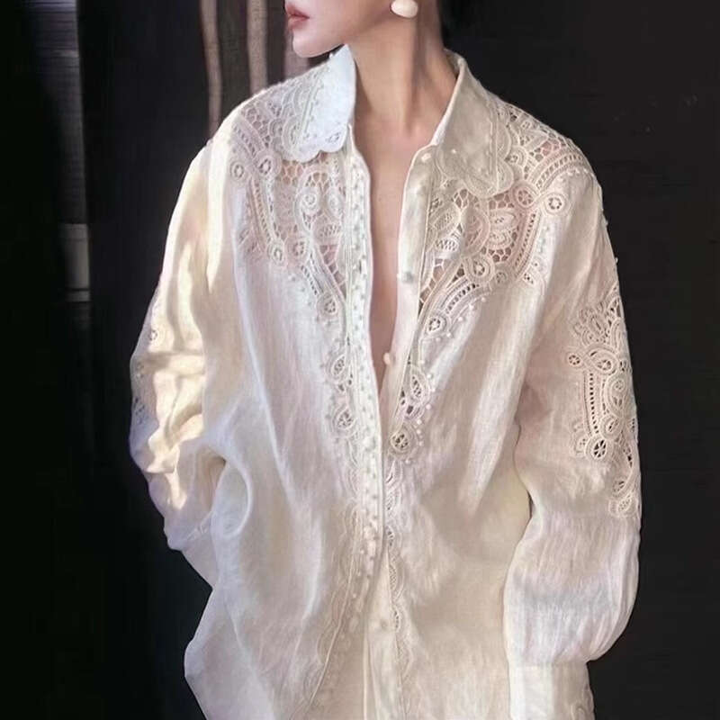 2026 New High-End Luxury Designer Women's Wear, Hollow-Out White Blouse, Elegant & Capable Loose Autumn Top, Fashion Office & Commute Style MAKOU