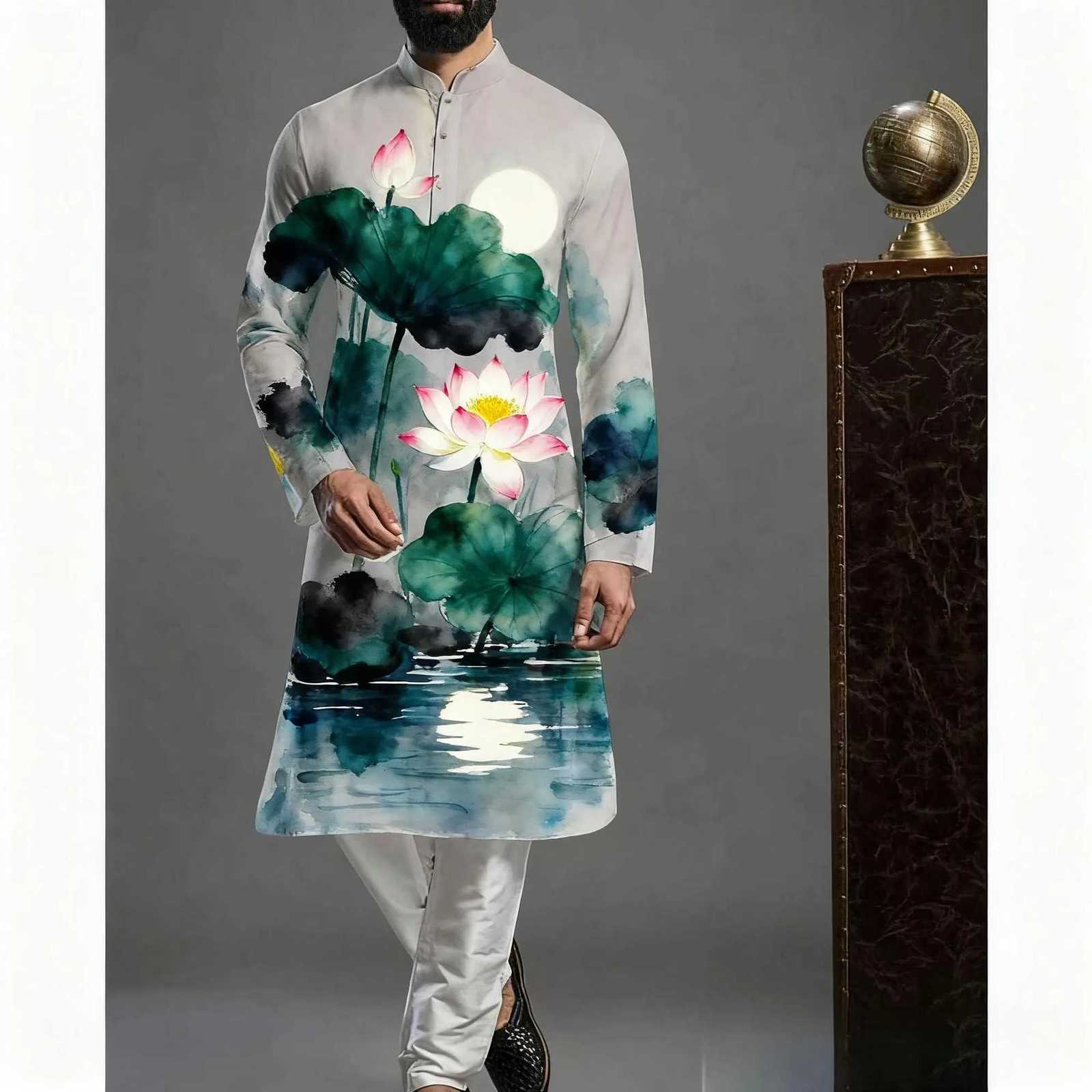 2026 Men Muslim Shirts Patchwork Neck Long Sleeve Vintage Men Clothing Islamic Arabic Casual Male Islamic Clothing Men W251216