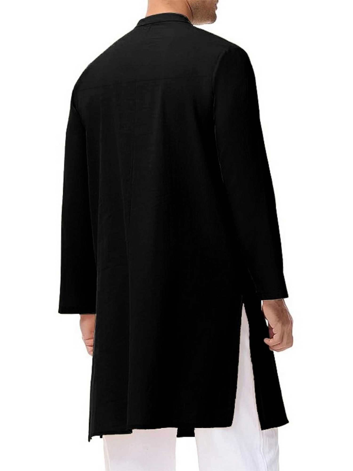 Mens casual stand-up collar black Muslim robe medium-length personalized fashion solid color shirt mens traditional clothing W251216