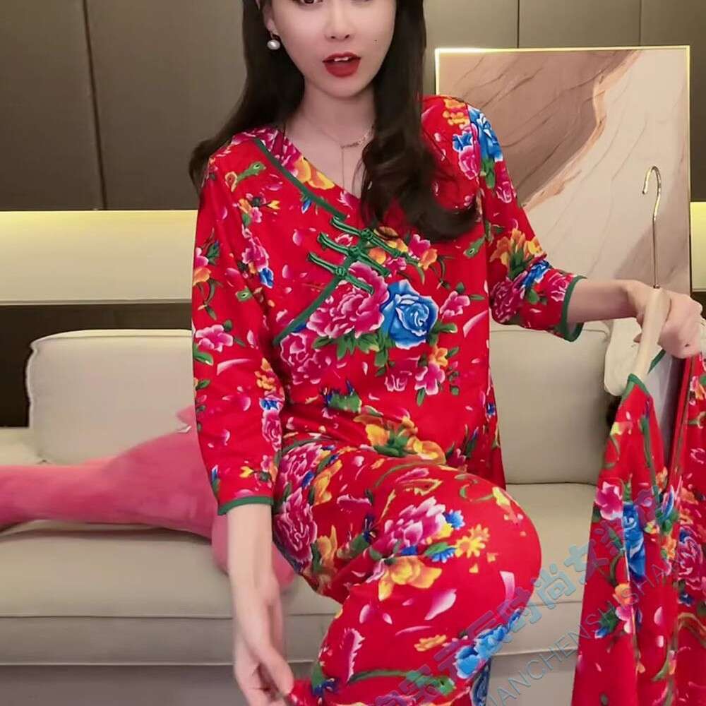 Women's Ethnic Style Northeast Big Flower Pajamas Set Autumn Winter V-Neck Frog Button Long Pants Brushed Home Wear 2 Piece Set Green MAKOUFEI