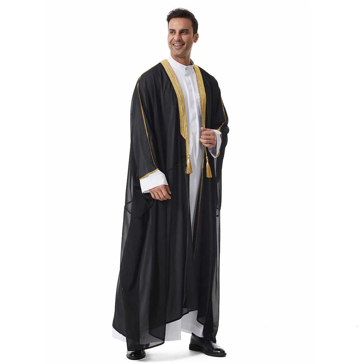 Muslim Mens Long Sleeves Embroidery Ankle Length Cardigan Robe Chiffion Islamic Kaftan W251216