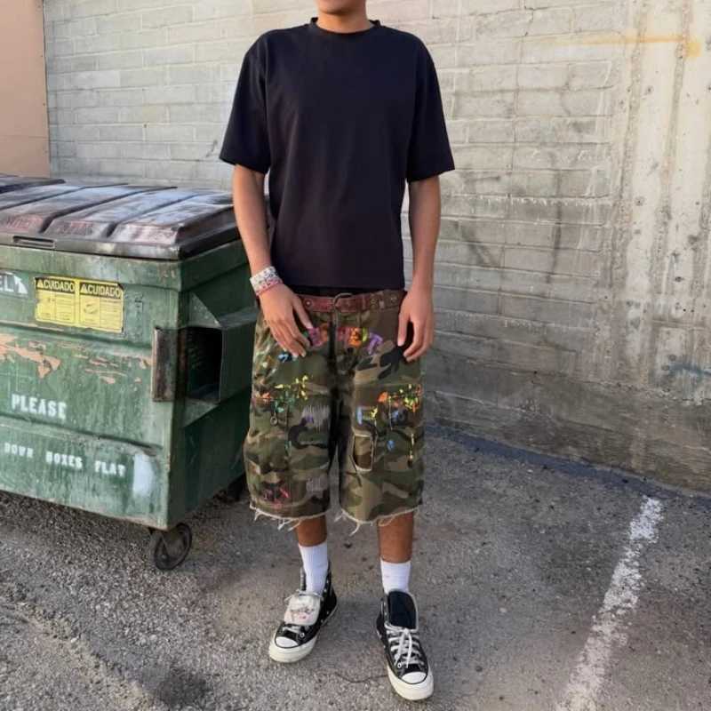 Y2K American Cargo Shorts Paint Splatter Camouflage Pattern Bottom New Trendy Retro Hip Hop Streetwear Unisex Baggy Short Pants X260417