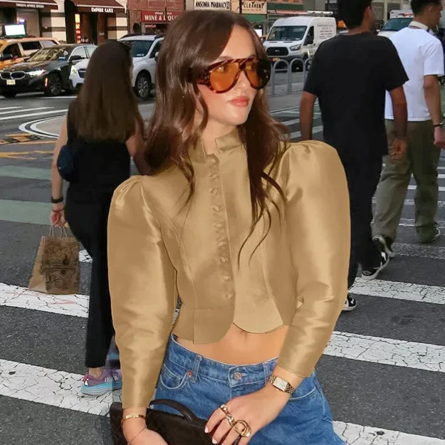 Casual Solid Autumn Puff Sleeve Shirt Women O-neck Single Breasted Short Tops Female Fashion Spring Summer Outwear Lady 260416 - view 3