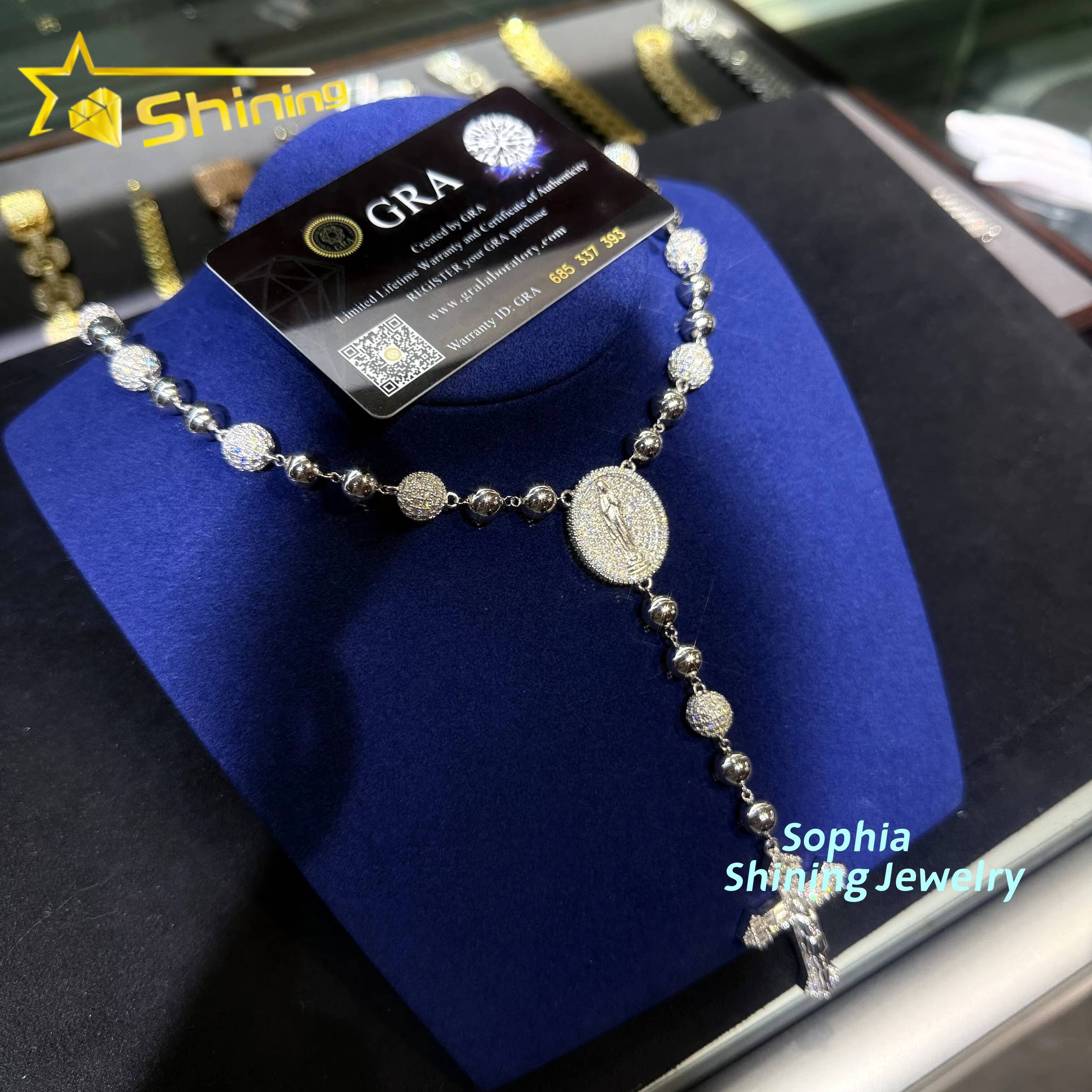 Hip Hop 925 Silver Moissanite Bead Necklace with Cross Pendant Custom Iced Out Moissanite Diamond Rosary Chain
