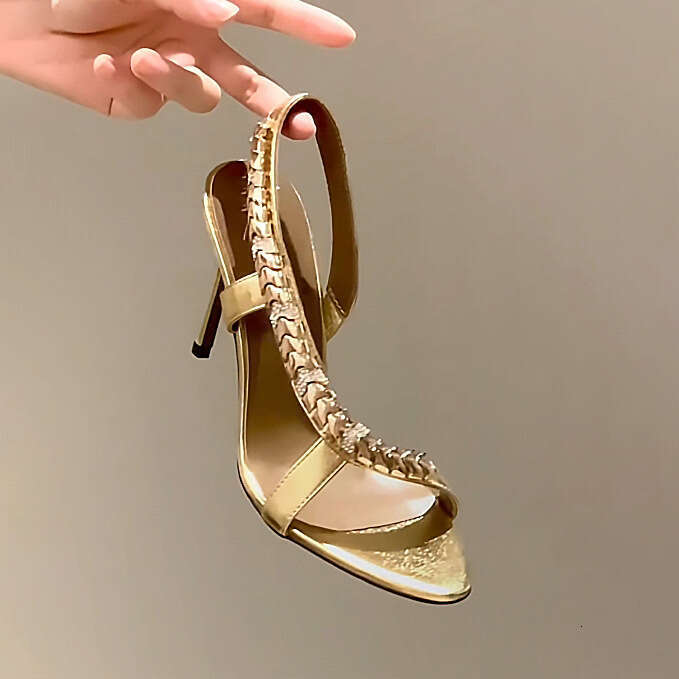 High-end 2026 Spring New Style Ultra High Heel Metal Rhinestone Side Hollow Open-Toe Sandals Sexy Silk Stiletto Women's Shoes