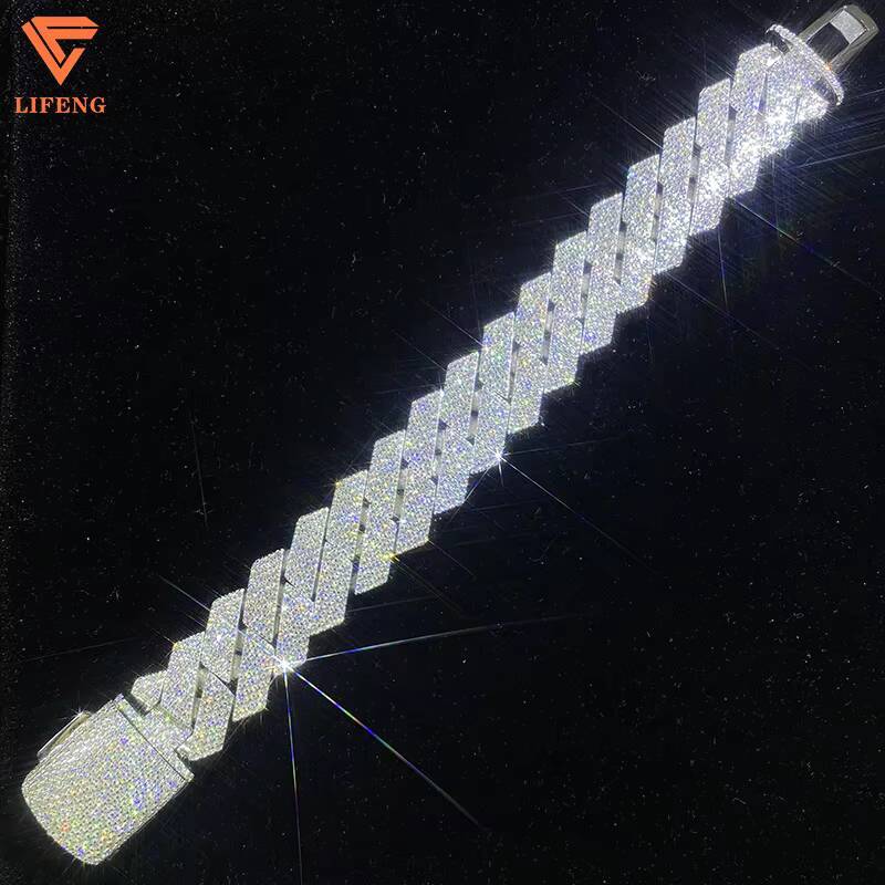 Lifeng Jewelry 20mm 4rows VVS Moissanite Cuban Link Chain Bracelet Sterling SIlver Diamond Hiphop Moissanite Cuban Chain for Men