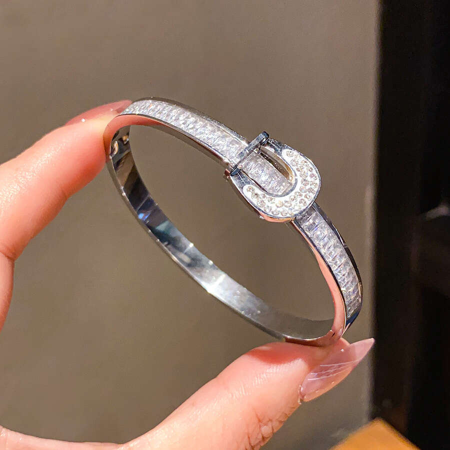 Stainless Steel Zircon Horseshoe Clasp Bracelet, Light Luxury Niche High-End Feel, Vintage Simple Fashion Versatile Hand Accessory