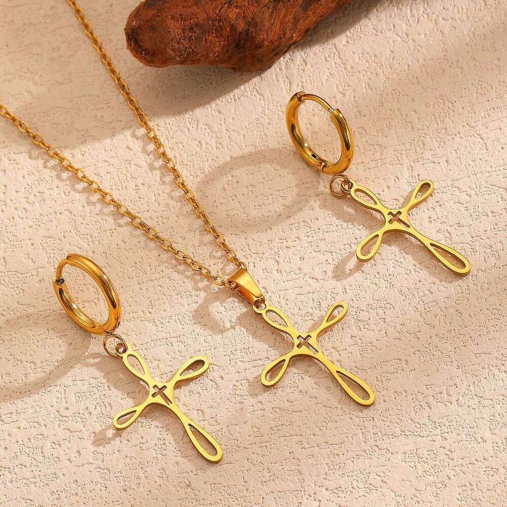 Cross-Border Cross Necklace Stainless Steel Collarbone Chain And Earring Set, Exquisite, Simple, Personalized, Versatile Daily Accessory For Women
