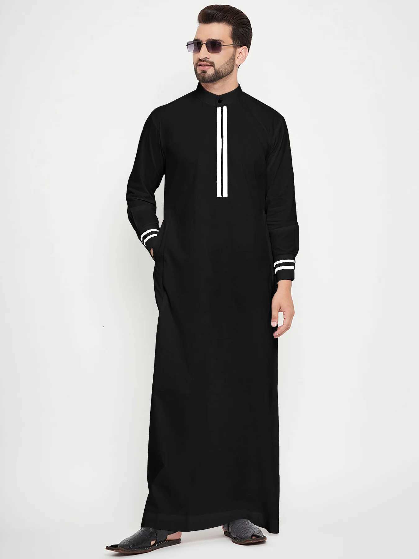 Mens Arab Shirt Long Robe with round Neck Pocket Striped Patchwork Collar Middle East Muslim Fashion Islamic Clothing W251216