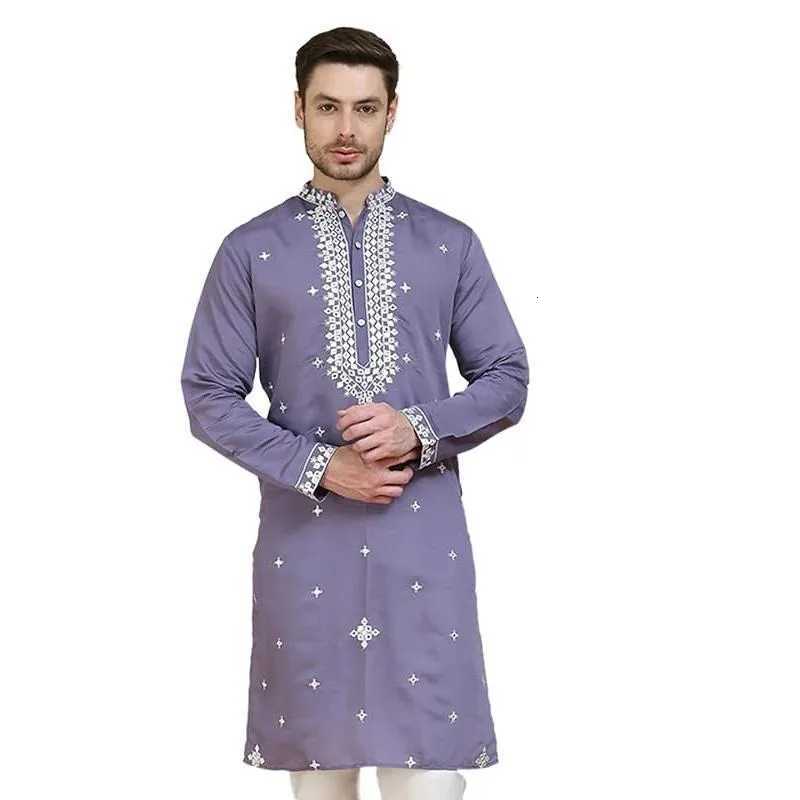 Luxury Casual Islamic Arabic Abaya Robe National style Ethnic Print Stand Collar Youth Mid-length Shirt Coat Muslim Men Kurta W251216