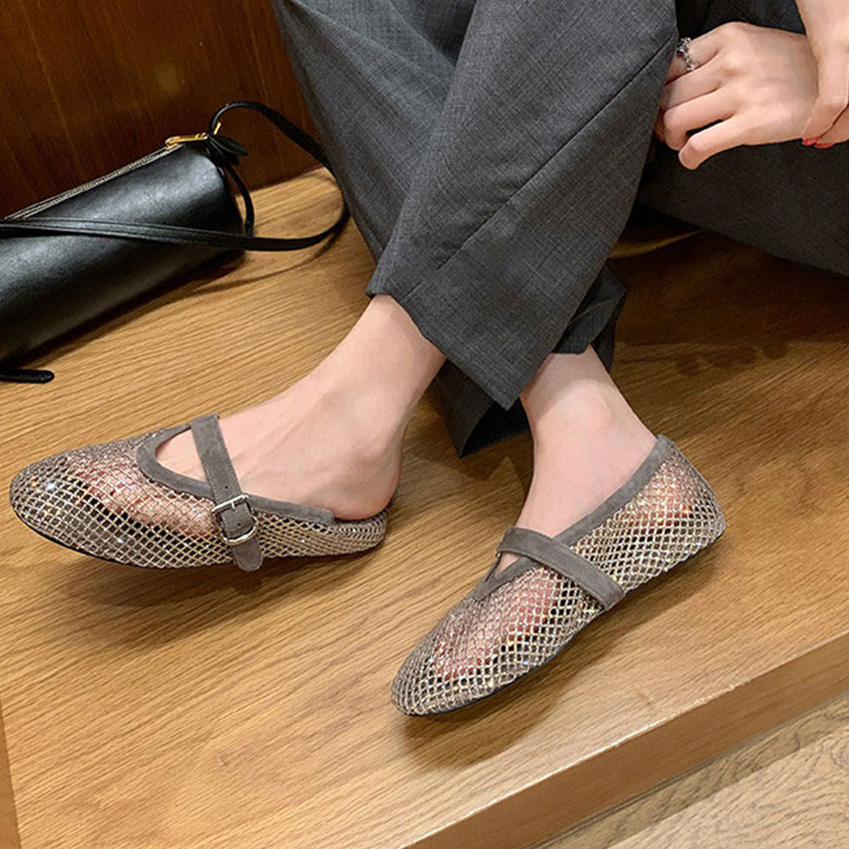 Mesh Rhinestone Mary Jane Mules For Women Breathable Hollow Out Flat Slippers With Adjustable Buckle Strap Casual Summer Shoes