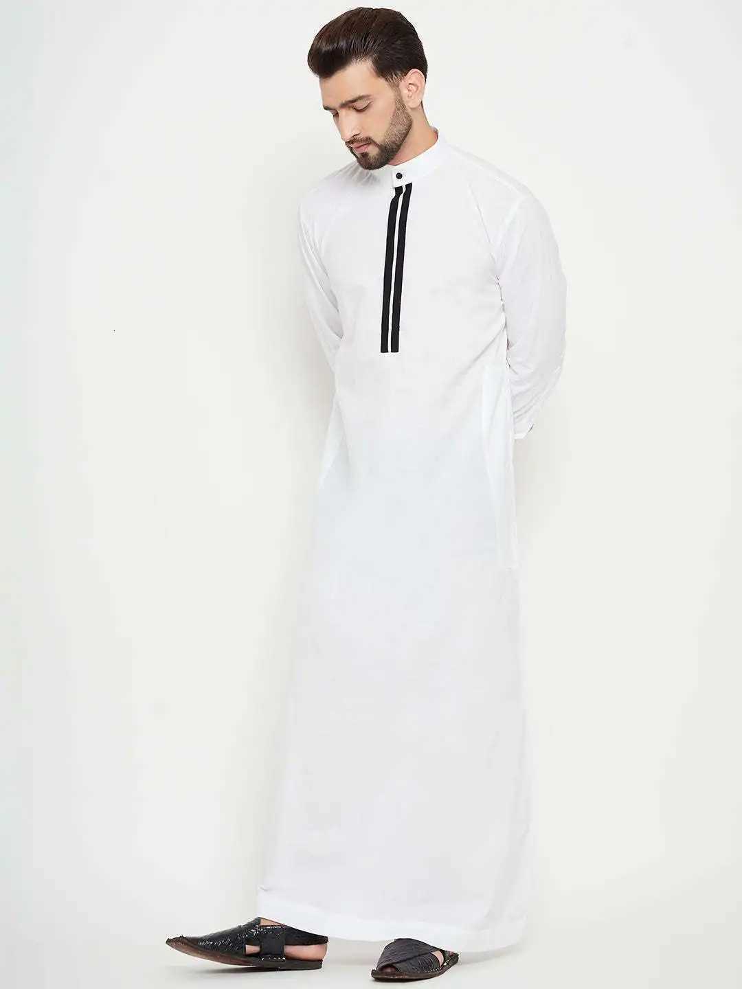 Mens Arab Shirt Long Robe with round Neck Pocket Striped Patchwork Collar Middle East Muslim Fashion Islamic Clothing W251216