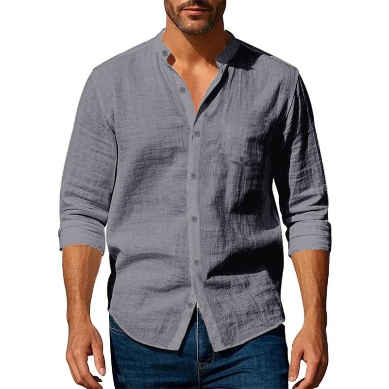 Cotton Linen Shirt for Men Henley Neck Solid Color Lightweight Breathable Slim Fit Single Breasted Shirt Long Sleeve Button Up 260416