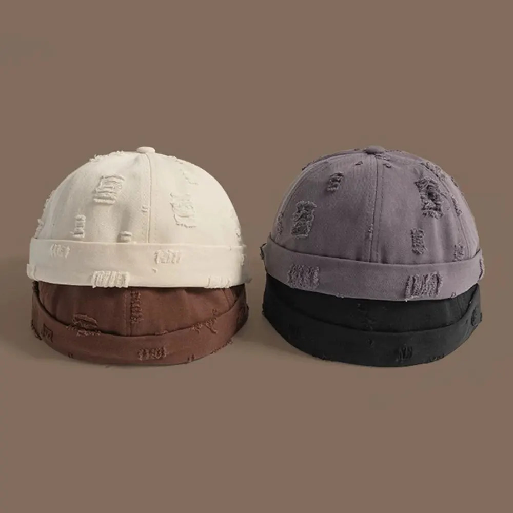Casual Landlord Hat Without Visor Brimless Cap Fisherman Beanies Riped Hole Solid Color Docker Vintage Broken Melon 260417