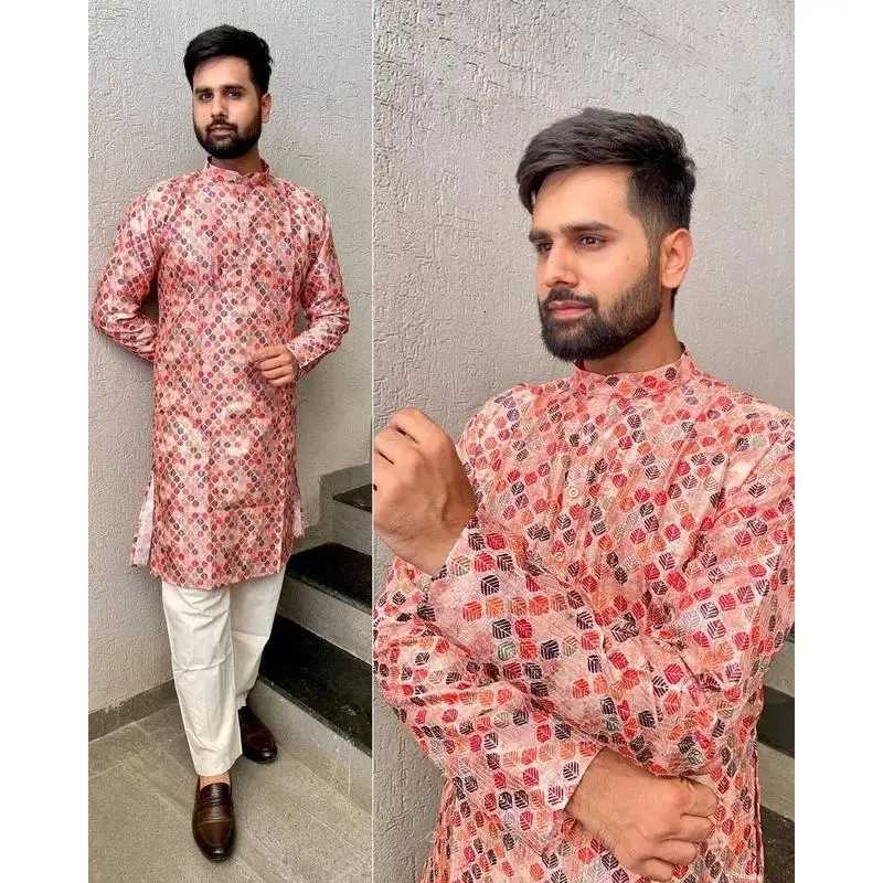 Luxury Casual Islamic Arabic Abaya Robe Fashion Ethnic Print Stand Collar Youth Mid-length Shirt Coat Muslim Men Clothing Kurta W251216