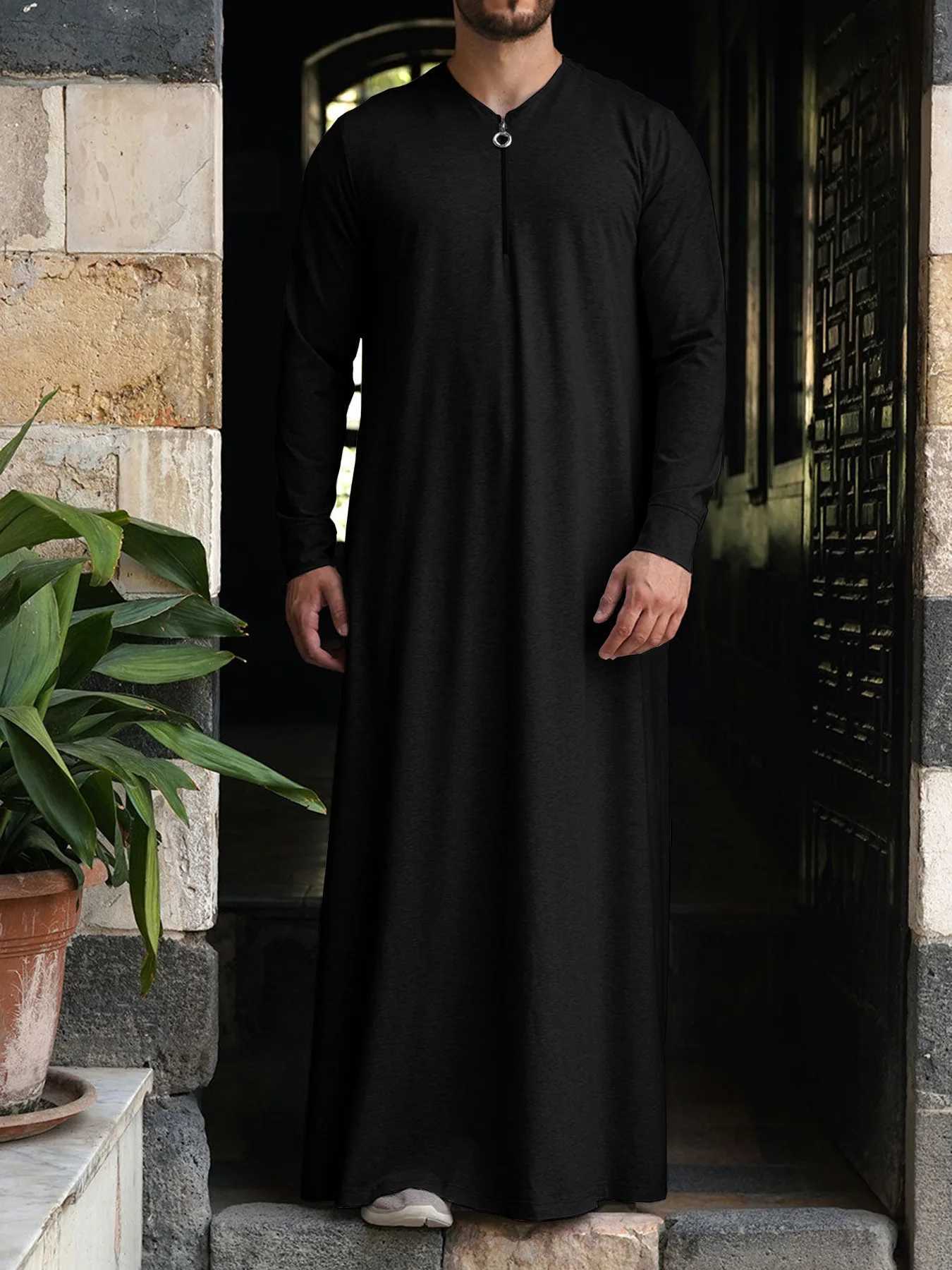 Muslim Mens Long Robe Comfortable Casual Loose Fit with Pockets And Zipper Arabic Gown for Middle East Trade New Model W251216