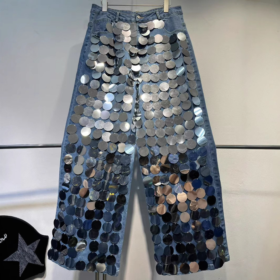 High-end unique sequined handcrafted heavy-decorated straight-cut slimming street-style high-waisted womens jeans 251009