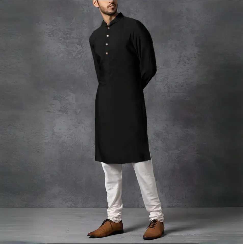 Mens stand-up collar black Muslim robe mid-length personality casual fashion solid color shirt traditional mens clothing W251216