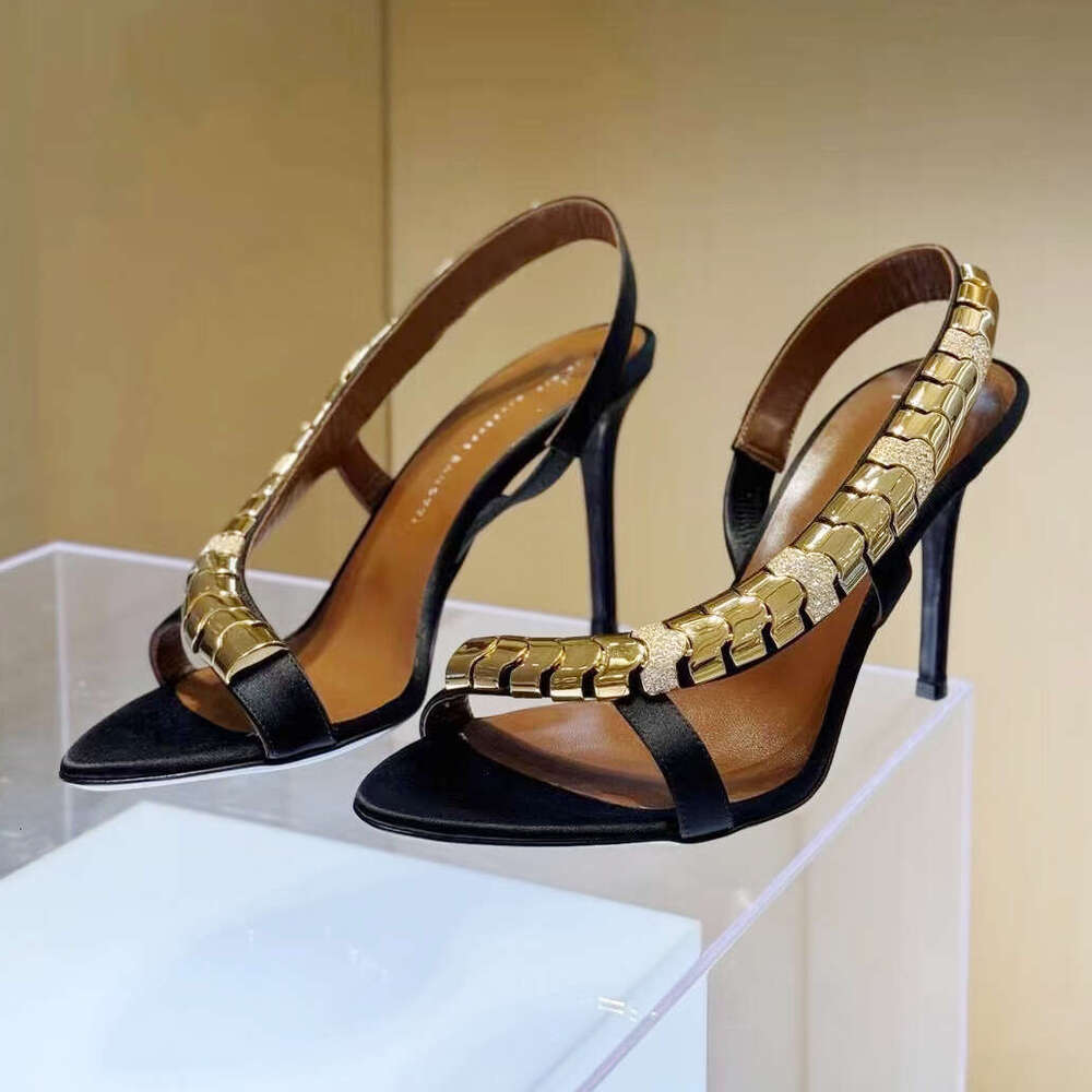 High-end 2026 Spring New Style Ultra High Heel Metal Rhinestone Side Hollow Open-Toe Sandals Sexy Silk Stiletto Women's Shoes