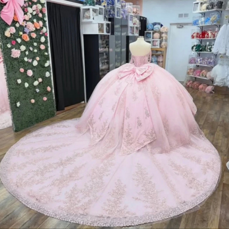 Pink Ball Gown Quinceanera Dresses Applique Lace Beading Crystal Bow Tull Corset Off Shoulder Sweet 16 Dress vestidos 15 De Anos
