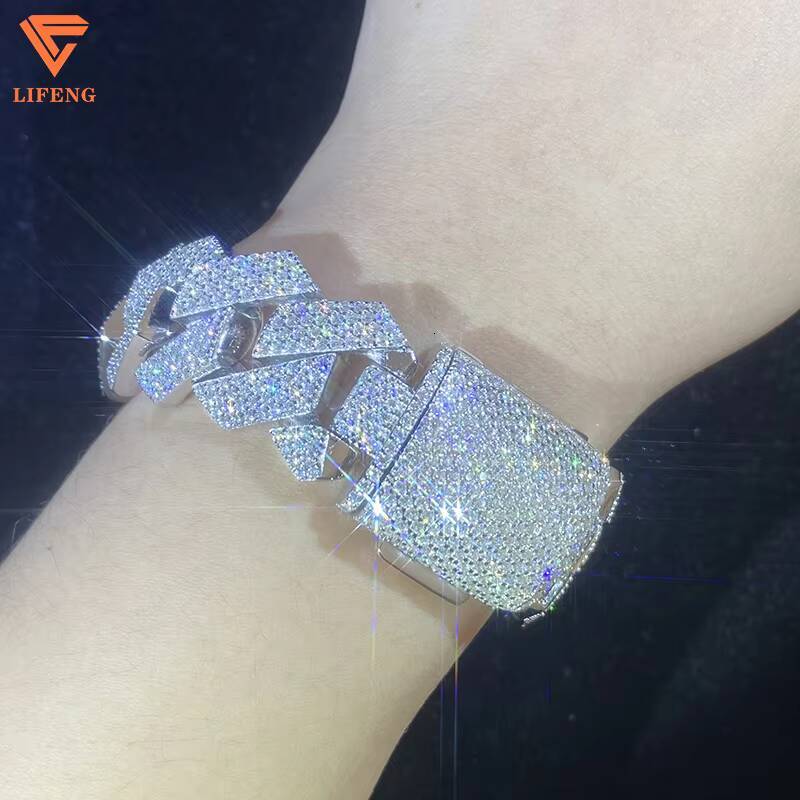 Lifeng Jewelry 20mm 4rows VVS Moissanite Cuban Link Chain Bracelet Sterling SIlver Diamond Hiphop Moissanite Cuban Chain for Men
