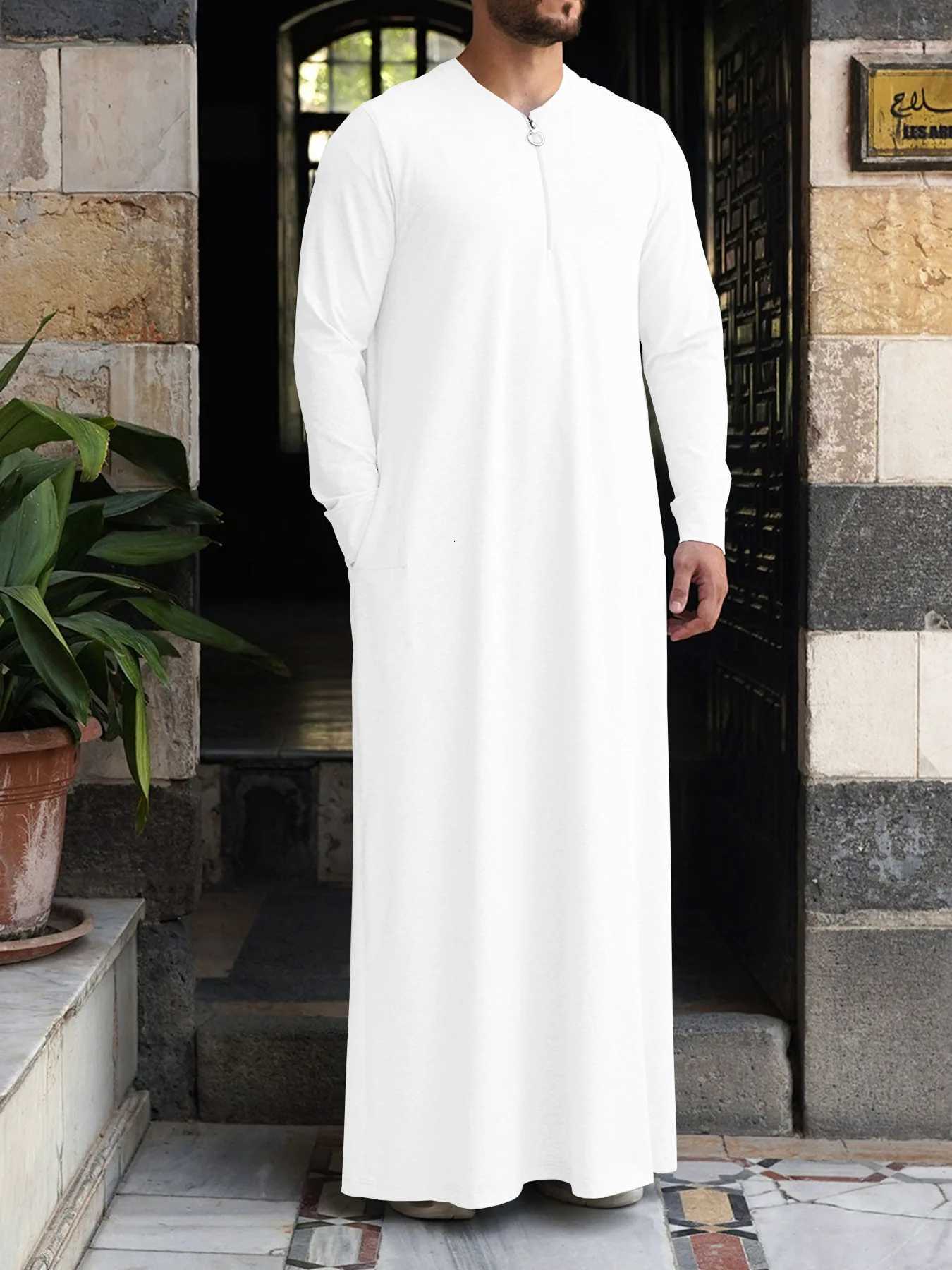 Muslim Mens Long Robe Comfortable Casual Loose Fit with Pockets And Zipper Arabic Gown for Middle East Trade New Model W251216