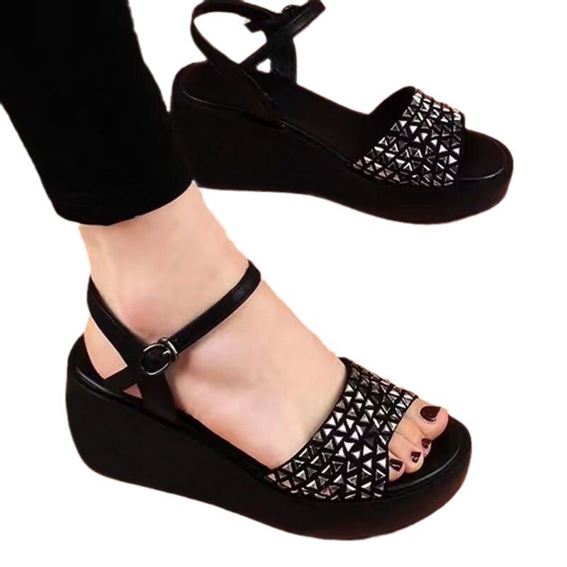Black Rhinestone Wedge Sandals For Women Open Toe Ankle Strap Buckle Platform Heels Casual Summer Shoes - view 6