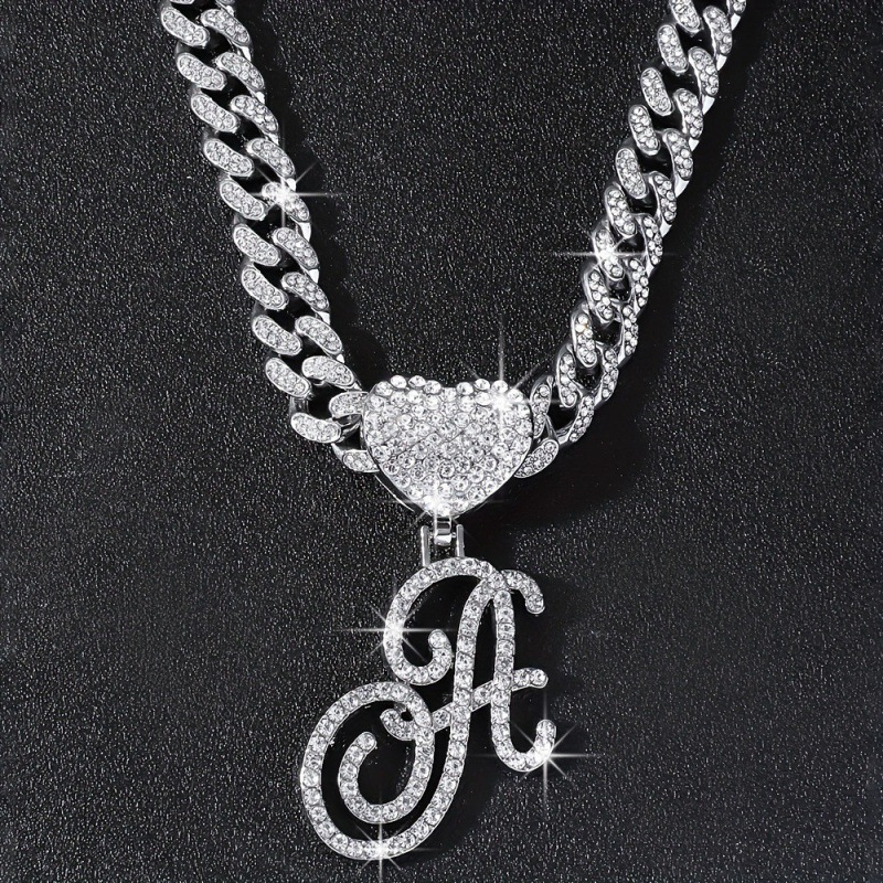 Hip Hop Cursive Initial Letters Crystal Pendant Cuban Necklace For Women Iced Out Prong Cuban Link Chain Necklace Jewelry 240813