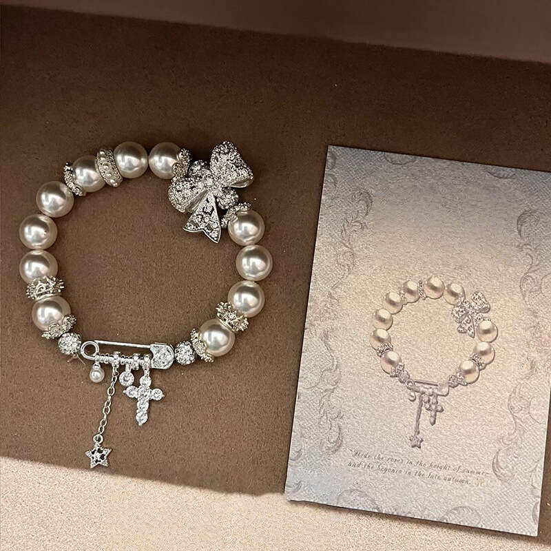 Zircon And Pearl Beaded Cross Pendant French Vintage Fashion Temperament Bracelet, Light Luxury High-End Jewelry