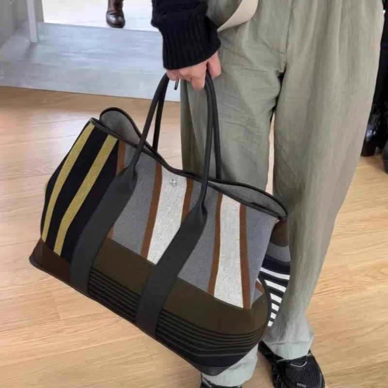y Striped Canvas Tote Bag with Leather Trim and Rolled Handles Large Garden Party Shopping in High Quality Materials 260416