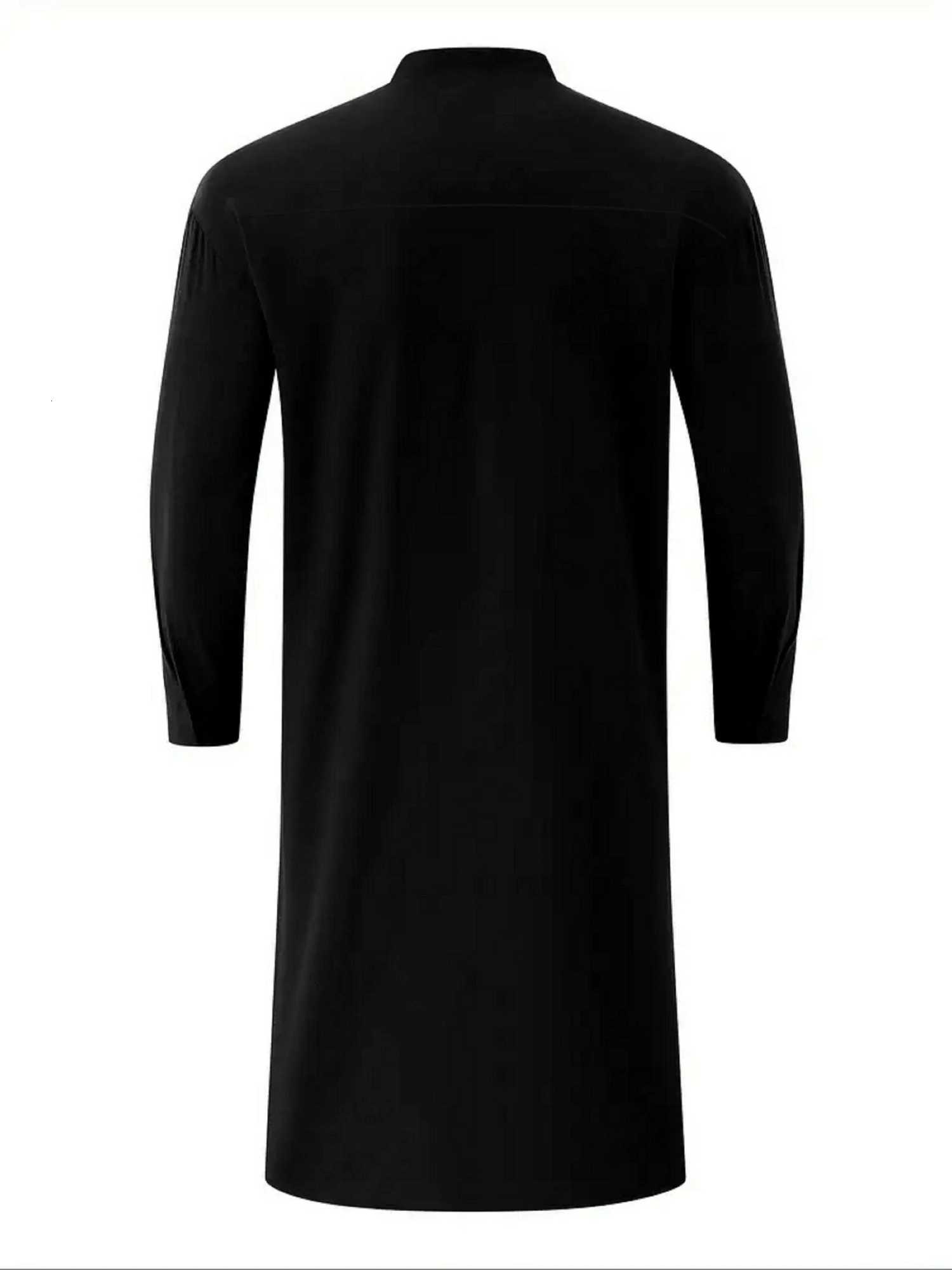 Mens casual stand-up collar black Muslim robe medium-length personalized fashion solid color shirt mens traditional clothing W251216