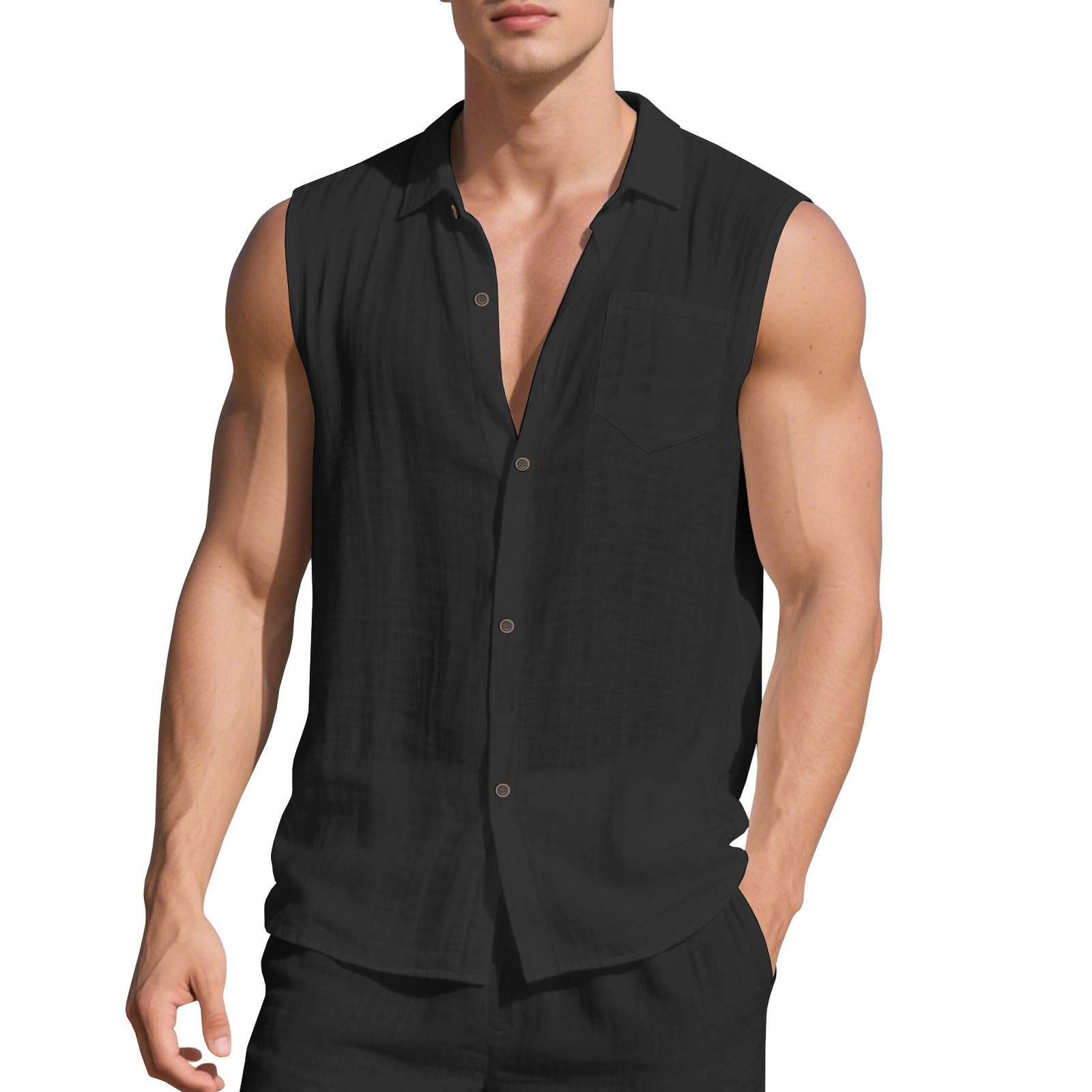 Fashion Turn-down Collar Linen Shirt for Men Summer Thin Loose Simple Casual Sleeveless Cardigan T-shirt Vest 260417 - view 4