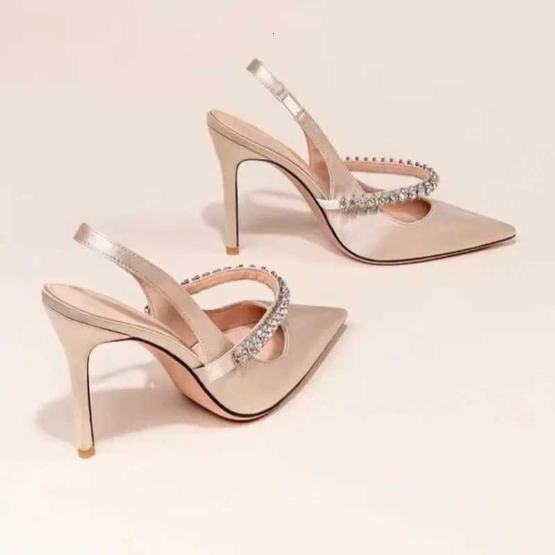 White Faux Leather Pointed Toe Pumps, 9cm High-Heeled Sandals with Rhinestone Embellishment, Formal Event Shoes - view 4