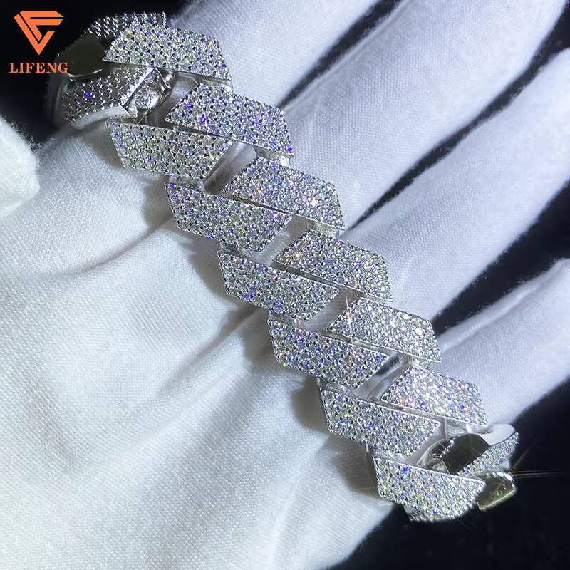 Lifeng Jewelry 20mm 4rows VVS Moissanite Cuban Link Chain Bracelet Sterling SIlver Diamond Hiphop Moissanite Cuban Chain for Men