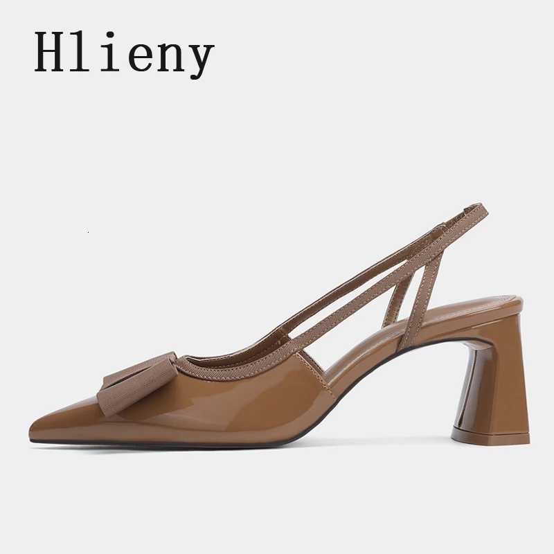 Hlieny Vintage Brown Elastic Butterfly Knot Designer High Heels Sandals Patent Leather Pointed Toe Slingbacks Shoes Women Pumps X260417