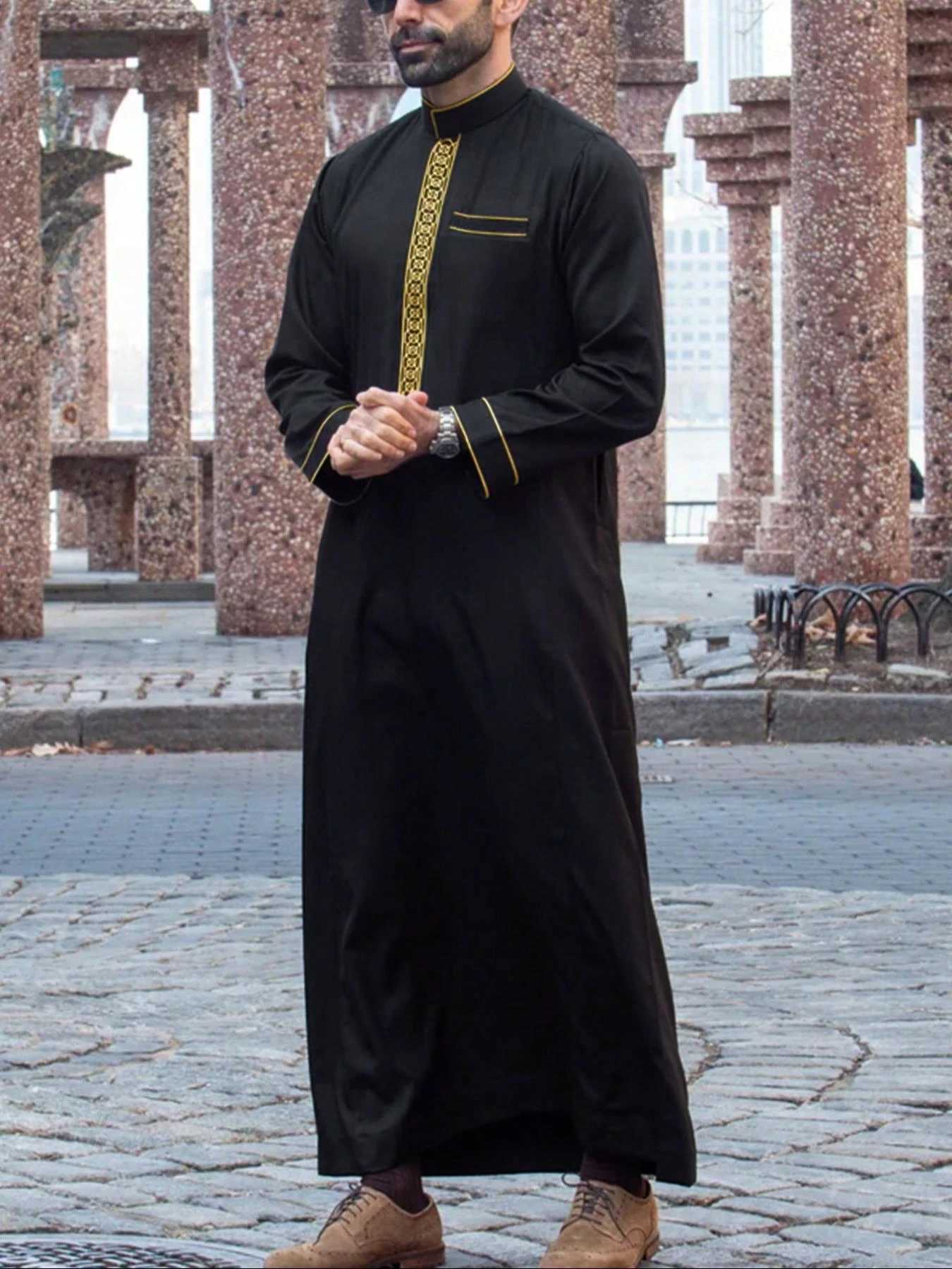 Arabic Robe Muslim Mens Thobe Prayer Dress Festive Clothes Stand Collar Long Sleeve Embroidered Ethnic Style Islamic Clothing W251216