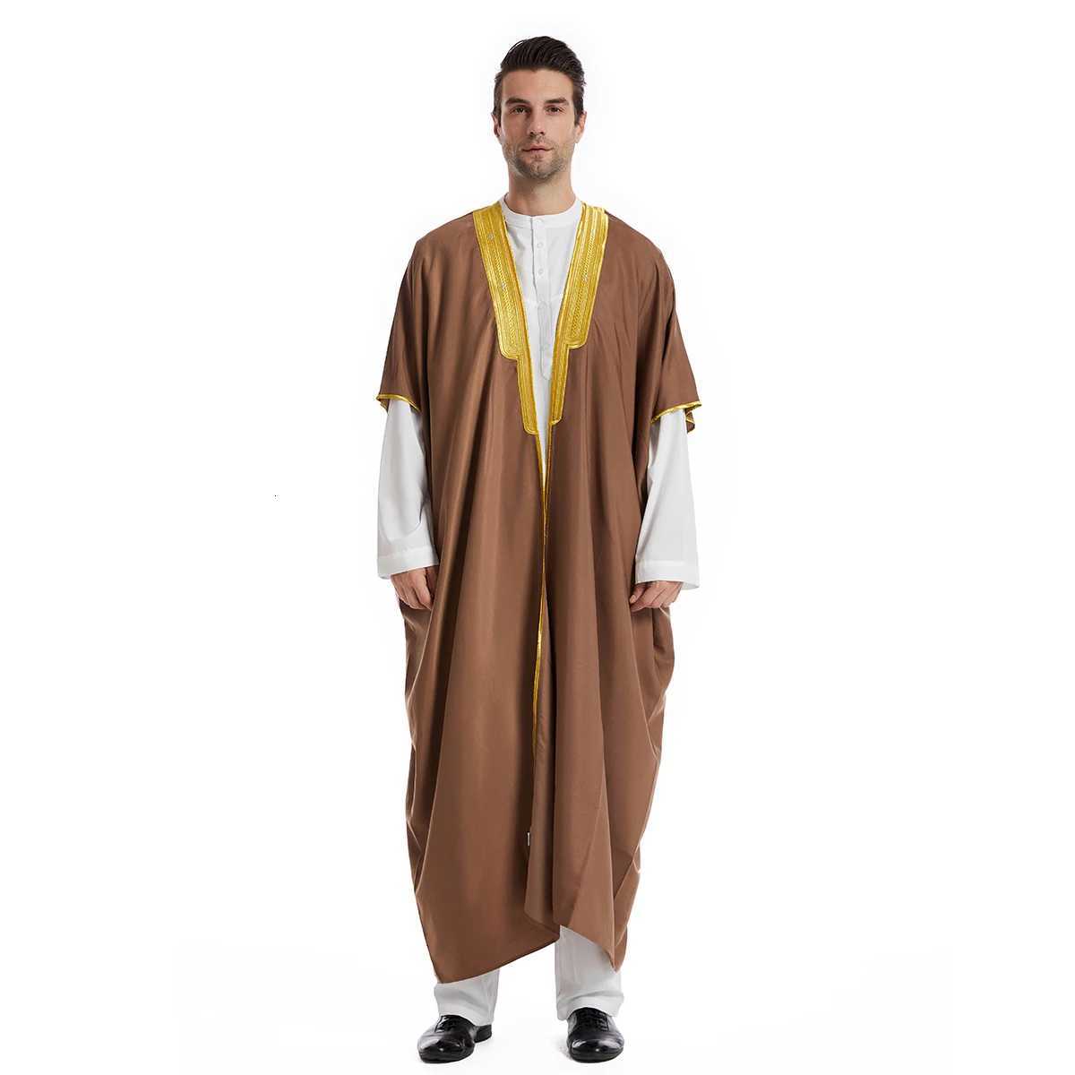 TH829 Muslim Mens Short Sleeves Embroidery Ankle Length Cardigan Robe Islamic Kaftan W251216