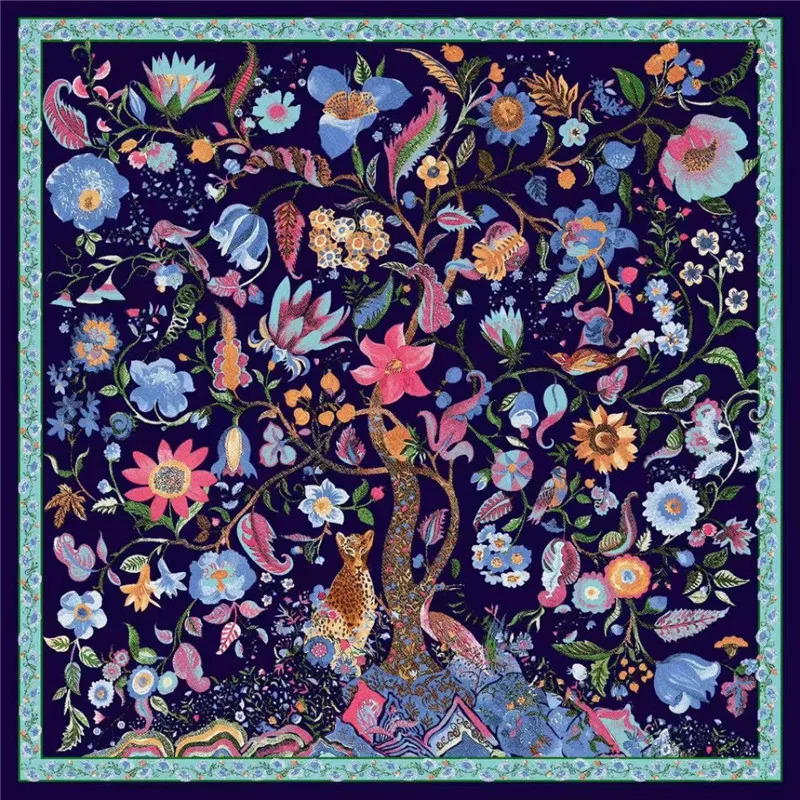 130130cm Silk Scarf y Women Large Shawls Animals Life Tree Print Stoles Square Bandana Kerchief Hijab Female Foulard 260416