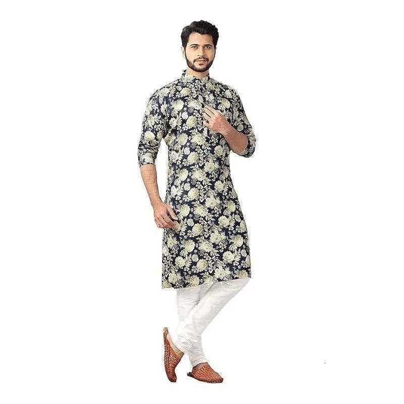 Luxury Casual Islamic Arabic Abaya Robe National style Ethnic Print Stand Collar Youth Mid-length Shirt Coat Muslim Men Kurta W251216