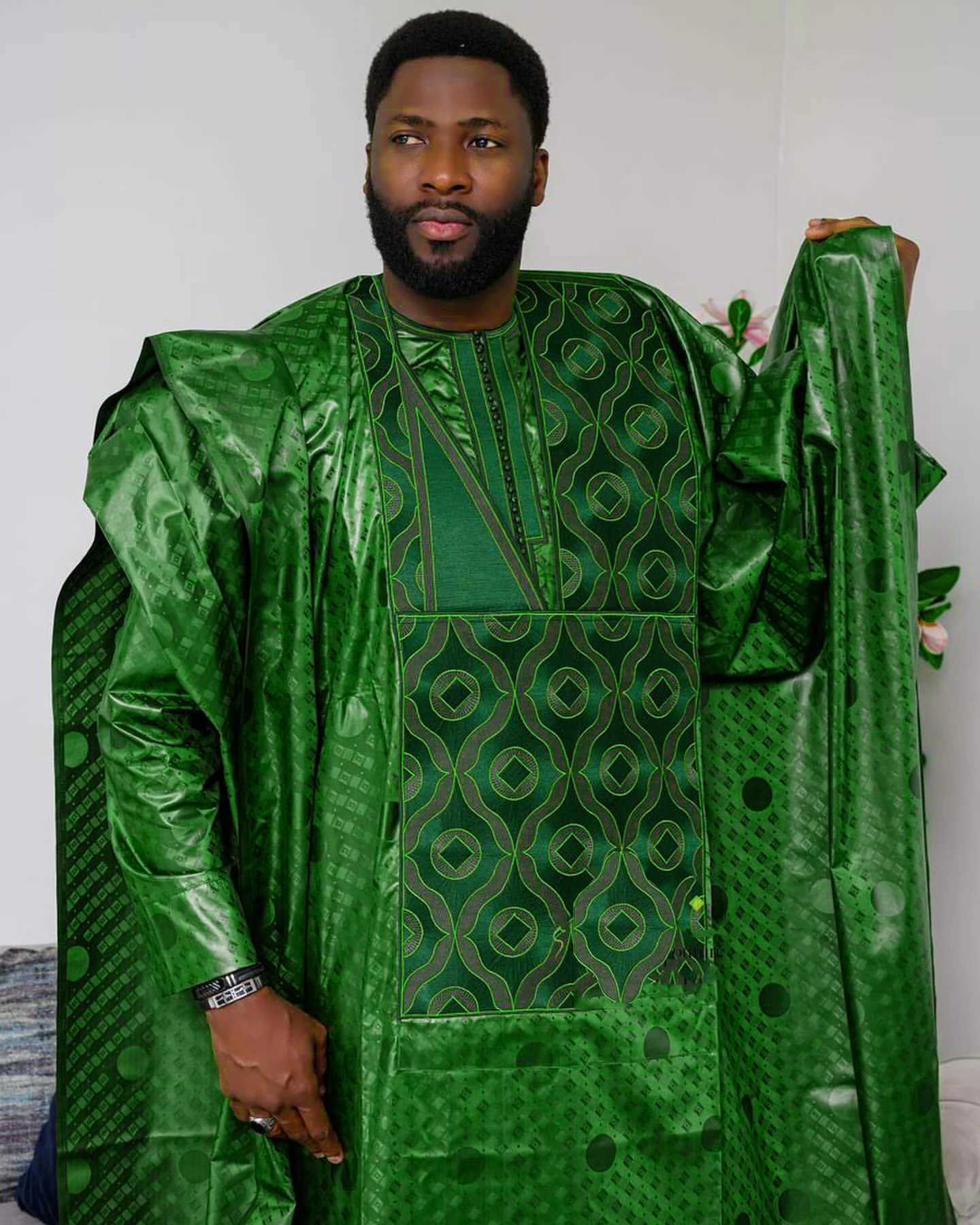 African Clothes For Men Traditional Bazin Riche Embroidery Design Top Long Sleeve 3 Piece Set W251216