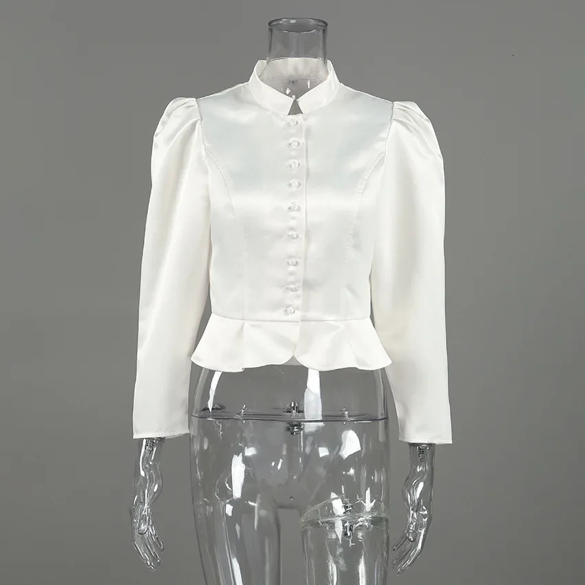 Casual Solid Autumn Puff Sleeve Shirt Women O-neck Single Breasted Short Tops Female Fashion Spring Summer Outwear Lady 260416 - view 6