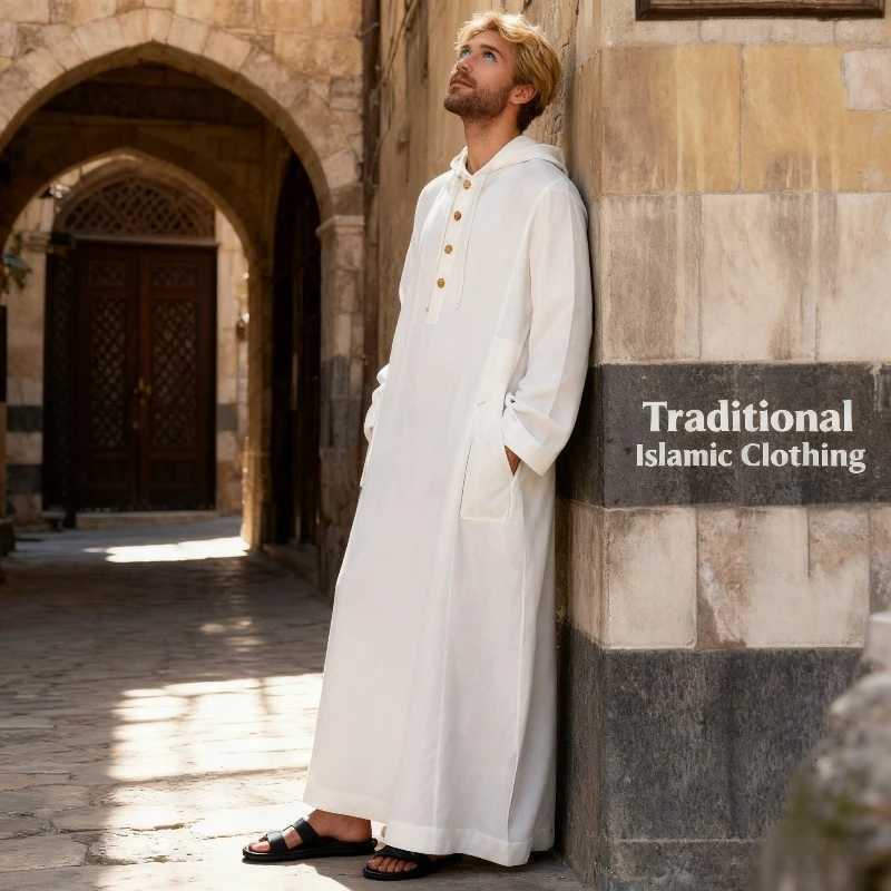 Arab Style Long Mens Hooded Shirt Muslim Robe for Men W251216