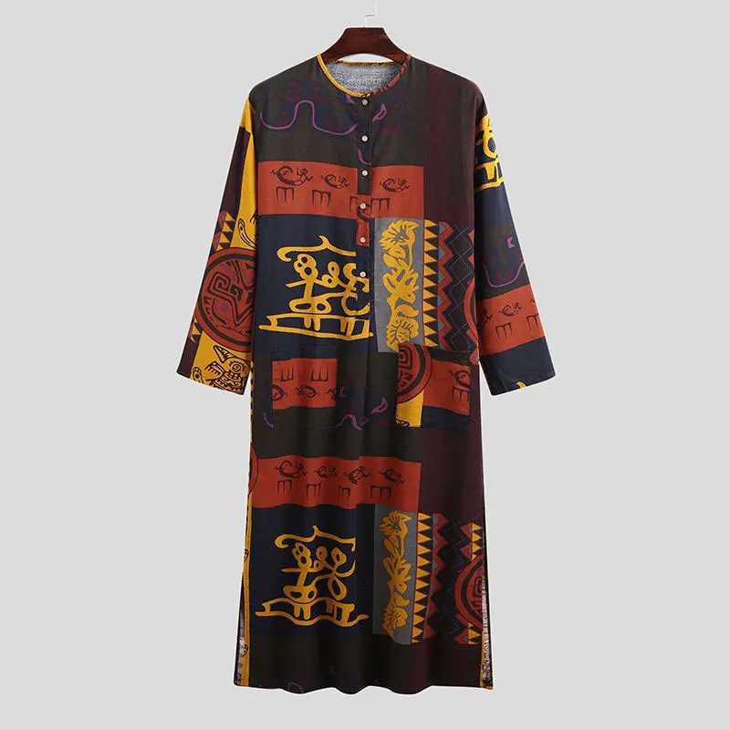 Mens Muslim Robes Ethnic Graphics Printed Long Sleeve Cotton Pockets Robes Casual Islamic Arab Kaftan Dubai Kaftan 2025 New W251216